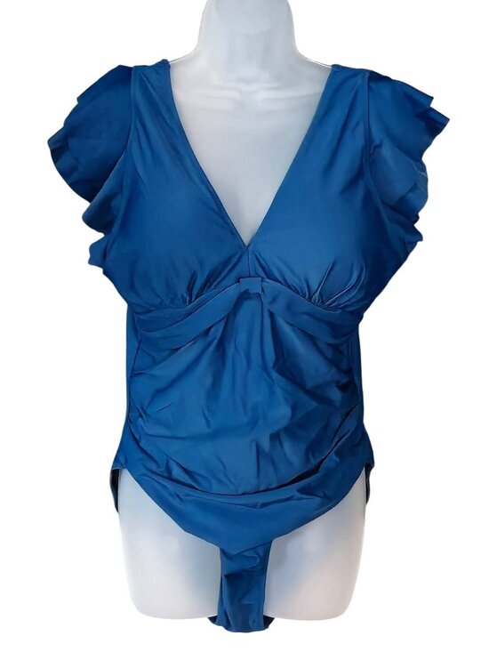 Blooming Jelly Other - Teal Ruffle V Neck One Piece Swimsuit XXL Slimming Flutter Sleeve Tummy Control